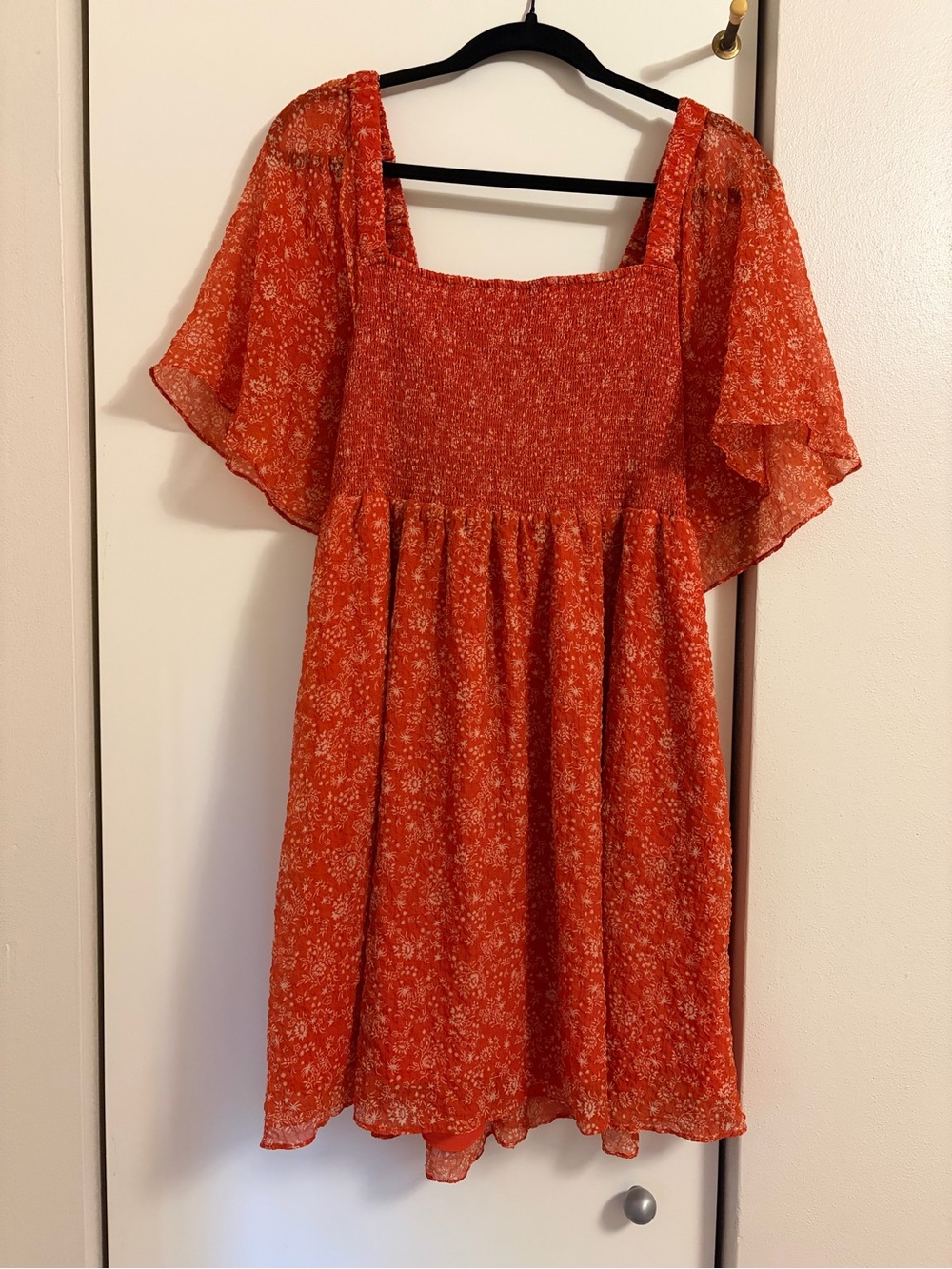 Madewell Orange Floral Square-Neck Smocked Dress